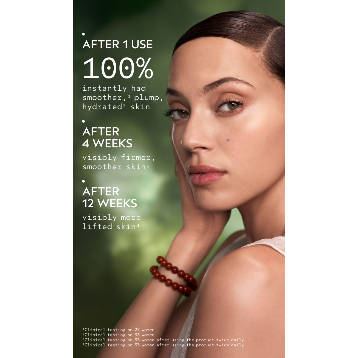 A woman with smooth skin poses beside Advanced Botanical Kinetics Plumping Milky Lotion, highlighting visible skin improvements after 1 use, 4 weeks, and 12 weeks, with clinical testing details provided below. - SAAB Salon Spa | Ottawa On, Canada