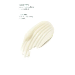 A smear of Advanced Botanical Kinetics Plumping Milky Lotion on a white background with text stating it's suitable for all skin types, including sensitive, and features a lush, velvety texture. - SAAB Salon Spa | Ottawa On, Canada