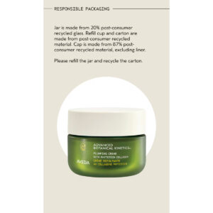 A green jar of Advanced Botanical Kinetics Plumping Milky Lotion, featuring post-consumer recycled packaging, is shown on a beige background. - SAAB Salon Spa | Ottawa On, Canada