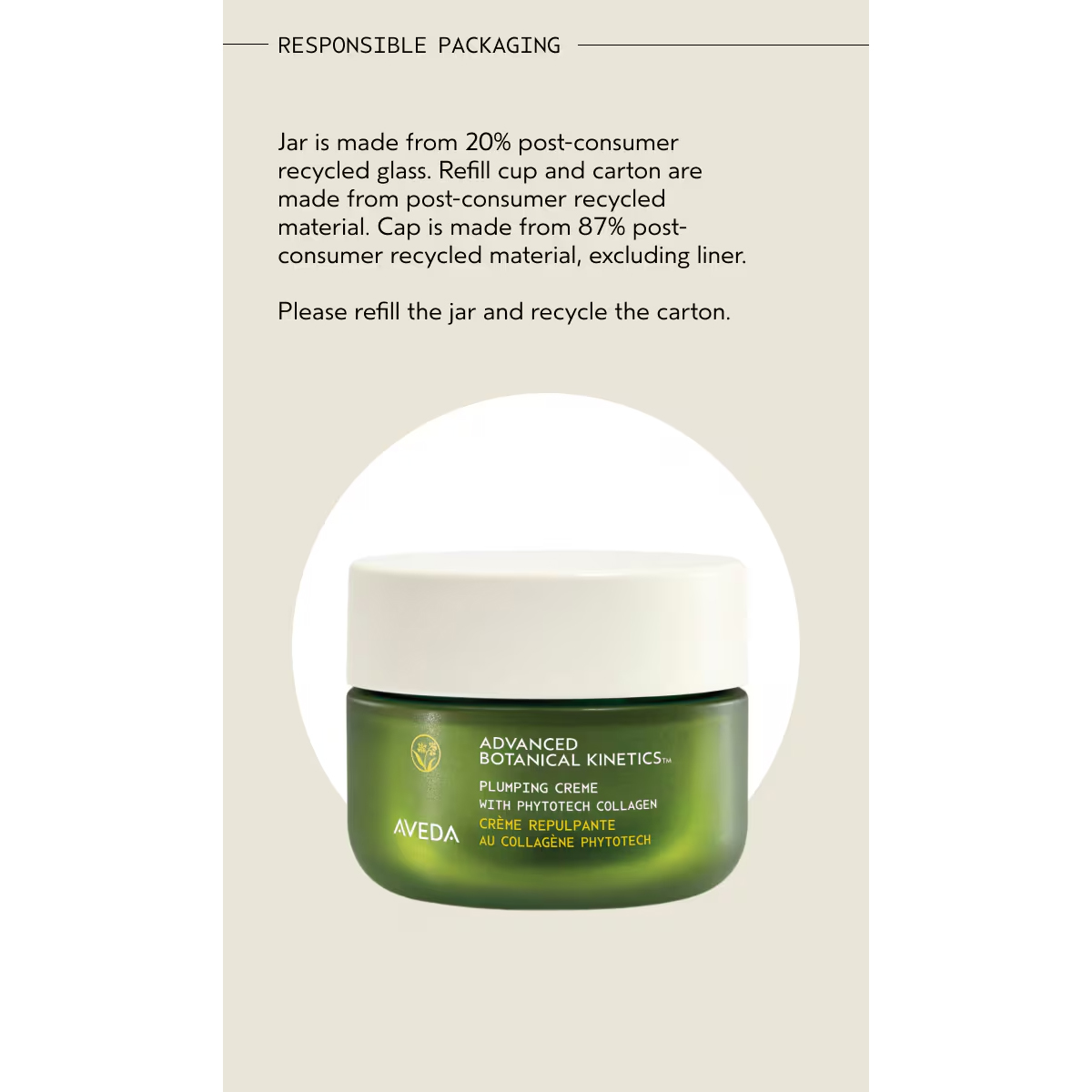 A green jar of Advanced Botanical Kinetics Plumping Milky Lotion, featuring post-consumer recycled packaging, is shown on a beige background. - SAAB Salon Spa | Ottawa On, Canada