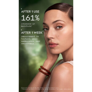 A woman with smooth skin looks at the camera; text highlights that Advanced Botanical Kinetics Revitalizing Essence Lotion boosts skin moisture by 161% after one use and improves texture, pore appearance, and smoothness in one week. - SAAB Salon Spa | Ottawa On, Canada