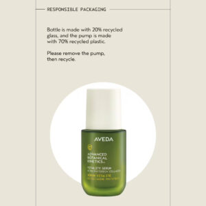 Green bottle of Advanced Botanical Kinetics Vitality Serum with a white cap, shown with messaging about its recycled packaging and a reminder to remove the pump before recycling. - SAAB Salon Spa | Ottawa On, Canada