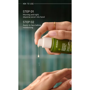 A hand dispenses Advanced Botanical Kinetics Vitality Serum onto another hand, with instructions to apply the serum to the face before moisturizing. - SAAB Salon Spa | Ottawa On, Canada