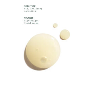 Three drops of Advanced Botanical Kinetics Vitality Serum are shown on a white background. Text notes the serum is lightweight, fluid, and suitable for all skin types, including sensitive skin. - SAAB Salon Spa | Ottawa On, Canada