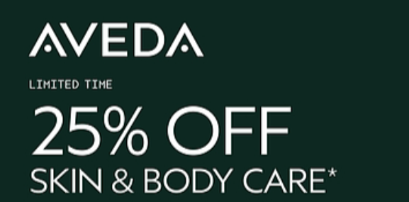 Aveda promotional graphic with text: 