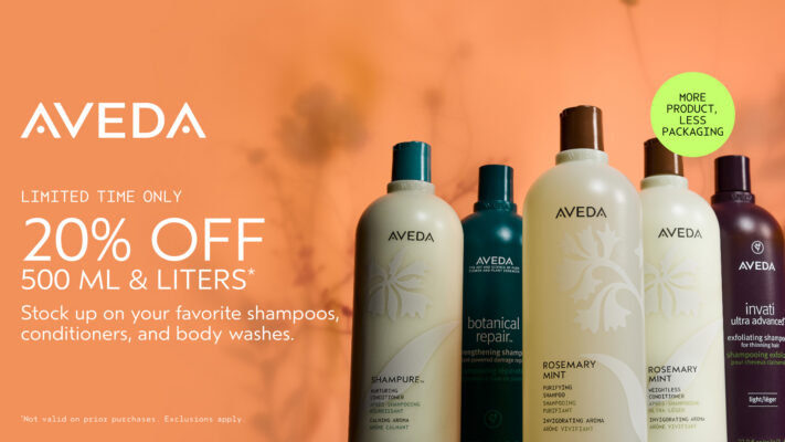 Five Aveda hair and body care bottles are displayed next to a text offer: 