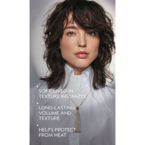 Woman with wavy, shoulder-length brown hair in a white shirt; text promotes Tousle Texture for enhancing texture, boosting volume, and providing heat protection. - SAAB Salon Spa | Ottawa On, Canada