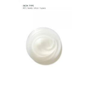 A circular dollop of white Beautifying Body Wash cream with text reading “SKIN TYPE All body skin types” above it. - SAAB Salon Spa | Ottawa On, Canada