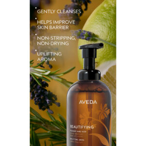 Pump bottle of Beautifying Foaming Hand Wash with text listing benefits: gently cleanses, helps improve skin barrier, non-stripping, non-drying, and uplifting aroma. - SAAB Salon Spa | Ottawa On, Canada