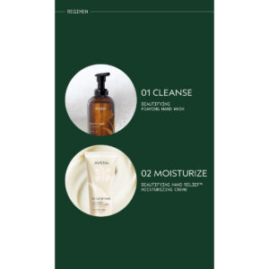 Infographic showing a two-step hand care regimen: step 01, a bottle of foaming hand wash; and step 02, a tube of Beautifying Hand Relief Moisturizing Hand Creme. - SAAB Salon Spa | Ottawa On, Canada