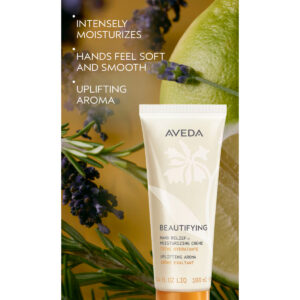 Beautifying Hand Relief Moisturizing Hand Creme tube in front of lavender and citrus slices, with text listing benefits: intensely moisturizes, hands feel soft and smooth, and uplifting aroma. - SAAB Salon Spa | Ottawa On, Canada