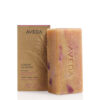 A rectangular Cherry Almond Bath Bar with pink marbled swirls next to its upright kraft paper box. - SAAB Salon Spa | Ottawa On, Canada