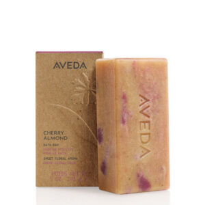 A rectangular Cherry Almond Bath Bar with pink marbled swirls next to its upright kraft paper box. - SAAB Salon Spa | Ottawa On, Canada