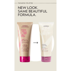 A before-and-after comparison of two Cherry Almond Softening Conditioner tubes, showing the old tan packaging on the left and the new cream-colored packaging on the right, connected by an arrow. - SAAB Salon Spa | Ottawa On, Canada