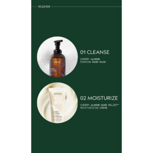 A two-step regimen graphic: a pump bottle of Cherry Almond Foaming Hand Wash labeled “01 Cleanse” and a tube of moisturizing creme labeled “02 Moisturize.” - SAAB Salon Spa | Ottawa On, Canada