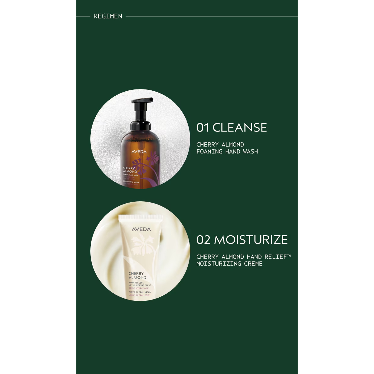 A two-step regimen graphic: a pump bottle of Cherry Almond Foaming Hand Wash labeled “01 Cleanse” and a tube of moisturizing creme labeled “02 Moisturize.” - SAAB Salon Spa | Ottawa On, Canada