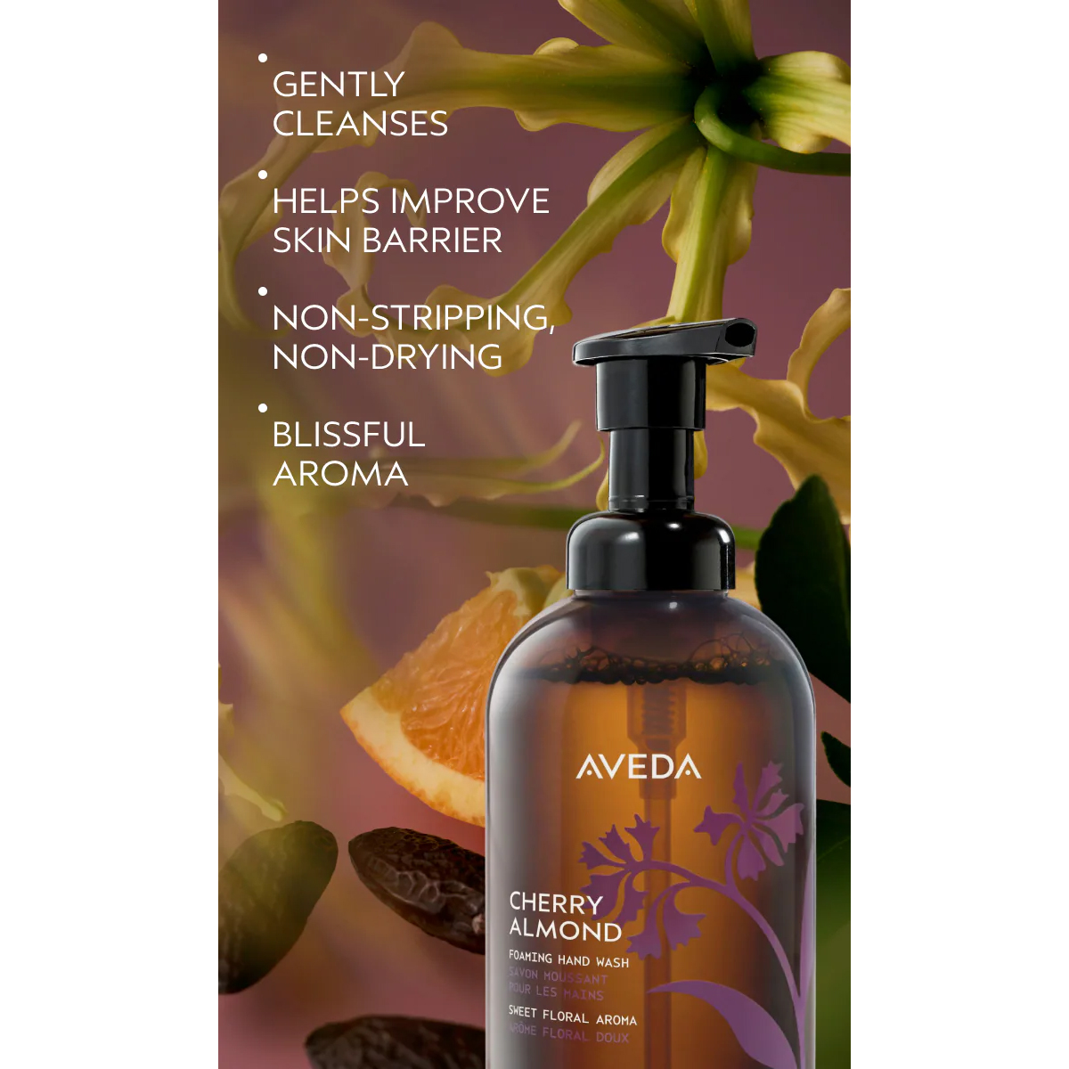 Cherry Almond Foaming Hand Wash in a pump bottle, surrounded by cherry and almond imagery with text listing benefits like gentle cleansing, skin barrier improvement, non-drying formula, and aroma. - SAAB Salon Spa | Ottawa On, Canada