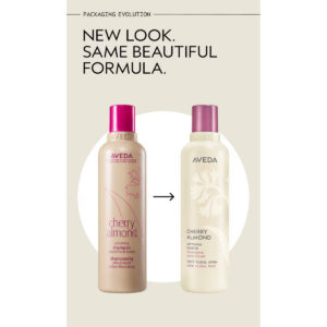 Before and after images of Cherry Almond Softening Shampoo bottles with a “New look. Same beautiful formula” heading. - SAAB Salon Spa | Ottawa On, Canada