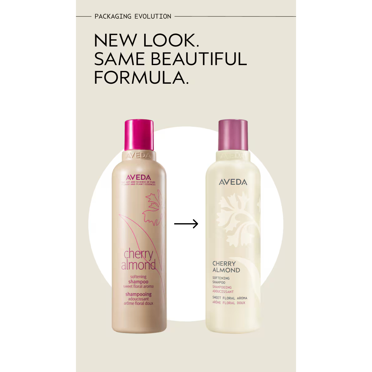 Before and after images of Cherry Almond Softening Shampoo bottles with a “New look. Same beautiful formula” heading. - SAAB Salon Spa | Ottawa On, Canada