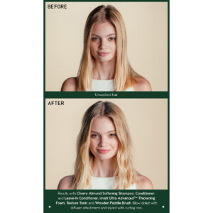 Before and after comparison of a woman’s hair, showing unwashed hair compared to hair styled after using Cherry Almond Softening Shampoo. - SAAB Salon Spa | Ottawa On, Canada
