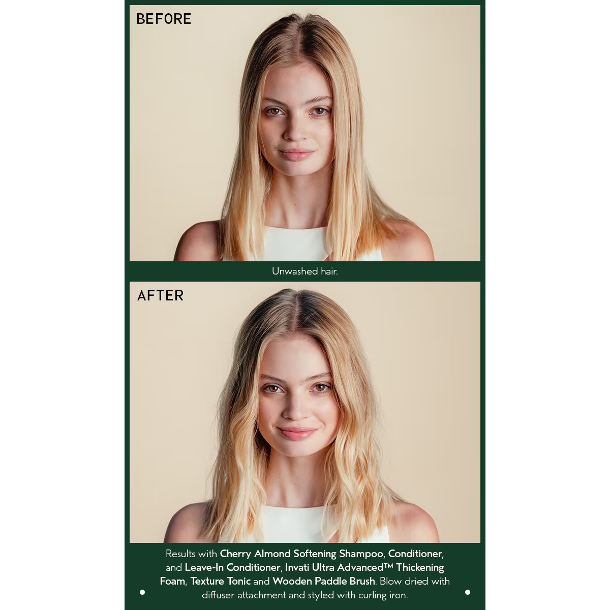 Before and after comparison of a woman’s hair, showing unwashed hair compared to hair styled after using Cherry Almond Softening Shampoo. - SAAB Salon Spa | Ottawa On, Canada