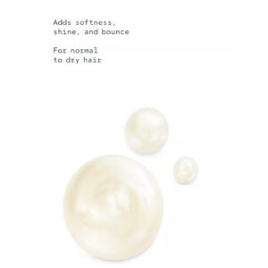 Three dollops of Cherry Almond Softening Shampoo cream on a white background with text reading: “Adds softness, shine, and bounce. For normal to dry hair.” - SAAB Salon Spa | Ottawa On, Canada