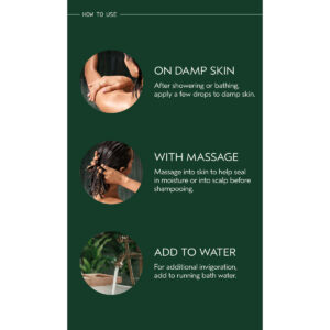 Infographic titled “How to Use” for Rosemary Mint Composition Oil For Body, Bath And Scalp, showing three steps: applying oil to damp skin, massaging it in, and adding it to bath water. - SAAB Salon Spa | Ottawa On, Canada