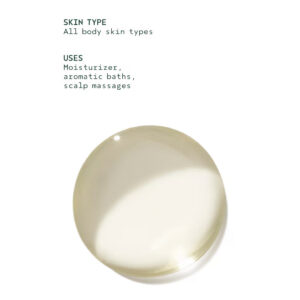 A pool of golden, translucent Rosemary Mint Composition Oil For Body, Bath And Scalp beneath text reading “SKIN TYPE: All body skin types” and “USES: Moisturizer, aromatic baths, scalp massages.” - SAAB Salon Spa | Ottawa On, Canada